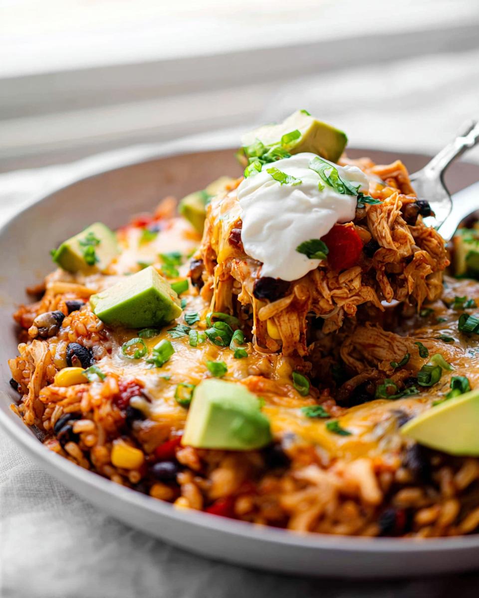 Amazing Chicken Burrito Casserole: Easy Family Dinner 5 A fork lifting a generous portion of Chicken Burrito Casserole, topped with sour cream, avocado, and scallions.