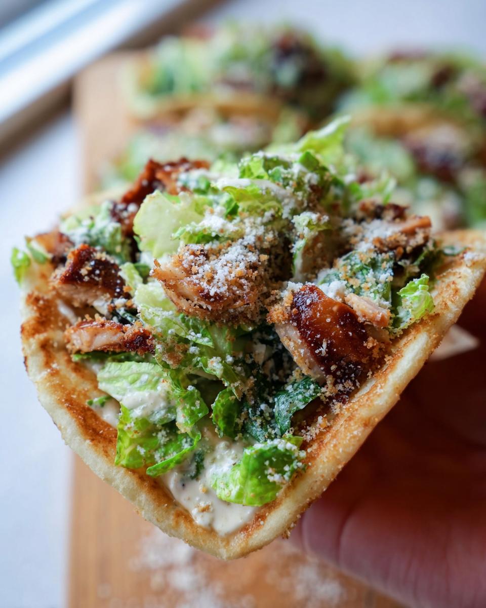 Amazing Chicken Caesar Smash Tacos 1 4 A close-up of a Chicken Caesar Smash Taco topped with chopped romaine lettuce, grilled chicken, and shredded parmesan cheese.