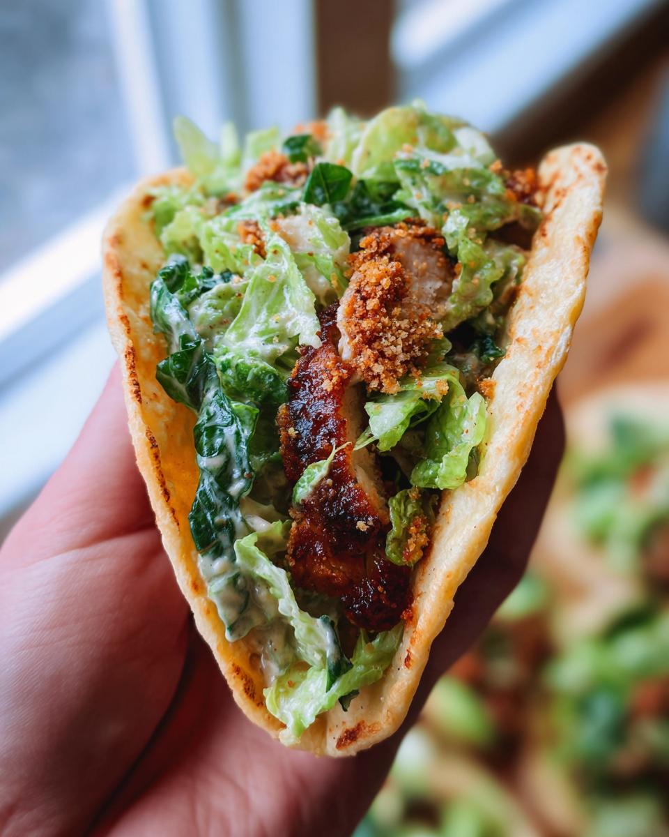 Amazing Chicken Caesar Smash Tacos 1 5 A hand holds a Chicken Caesar Smash Taco filled with grilled chicken, romaine lettuce, creamy dressing, and crispy parmesan.