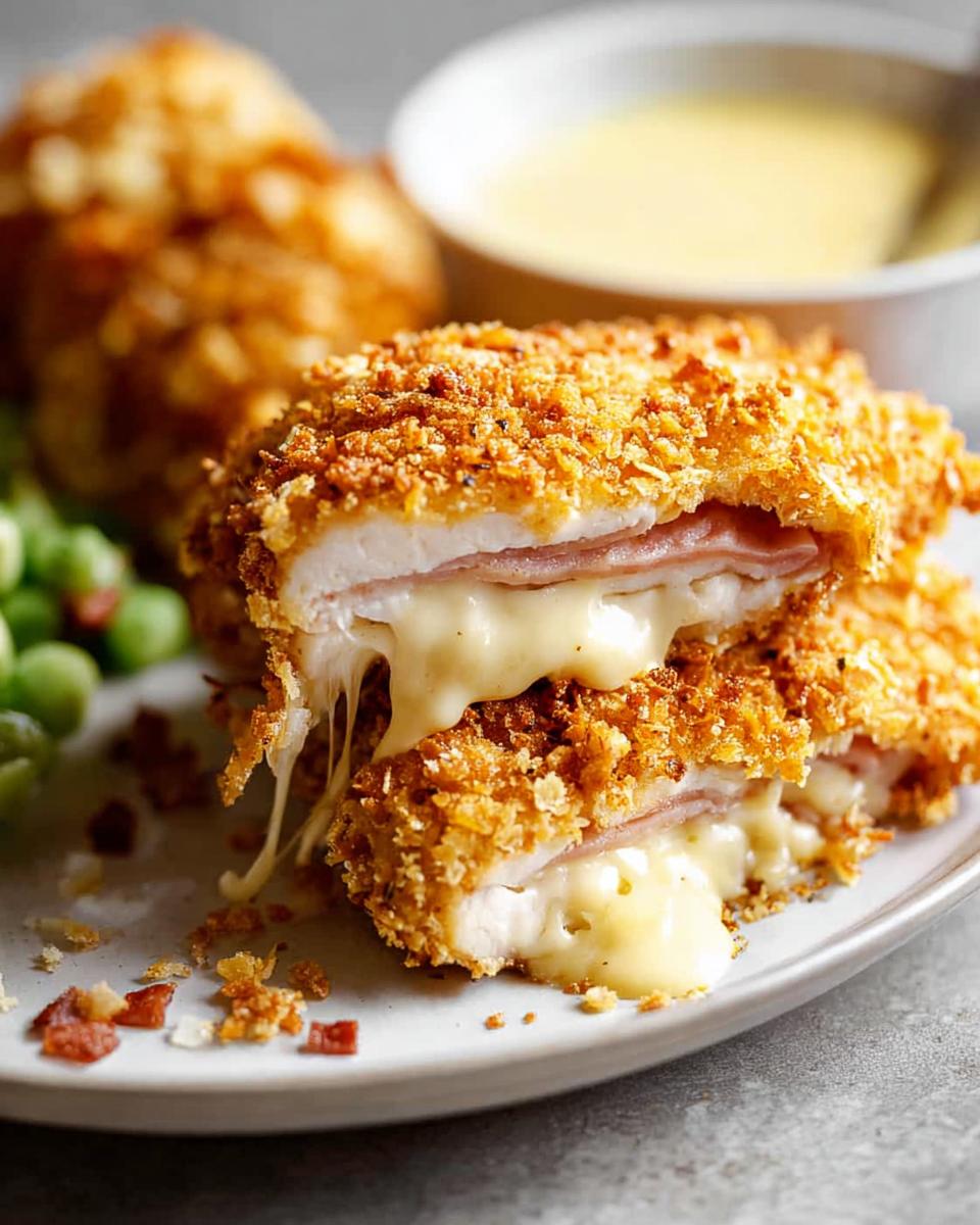 Amazing Chicken Cordon Bleu with 1 Sauce 4 Close-up of a Chicken Cordon Bleu stuffed with ham and cheese, with melted cheese oozing out.
