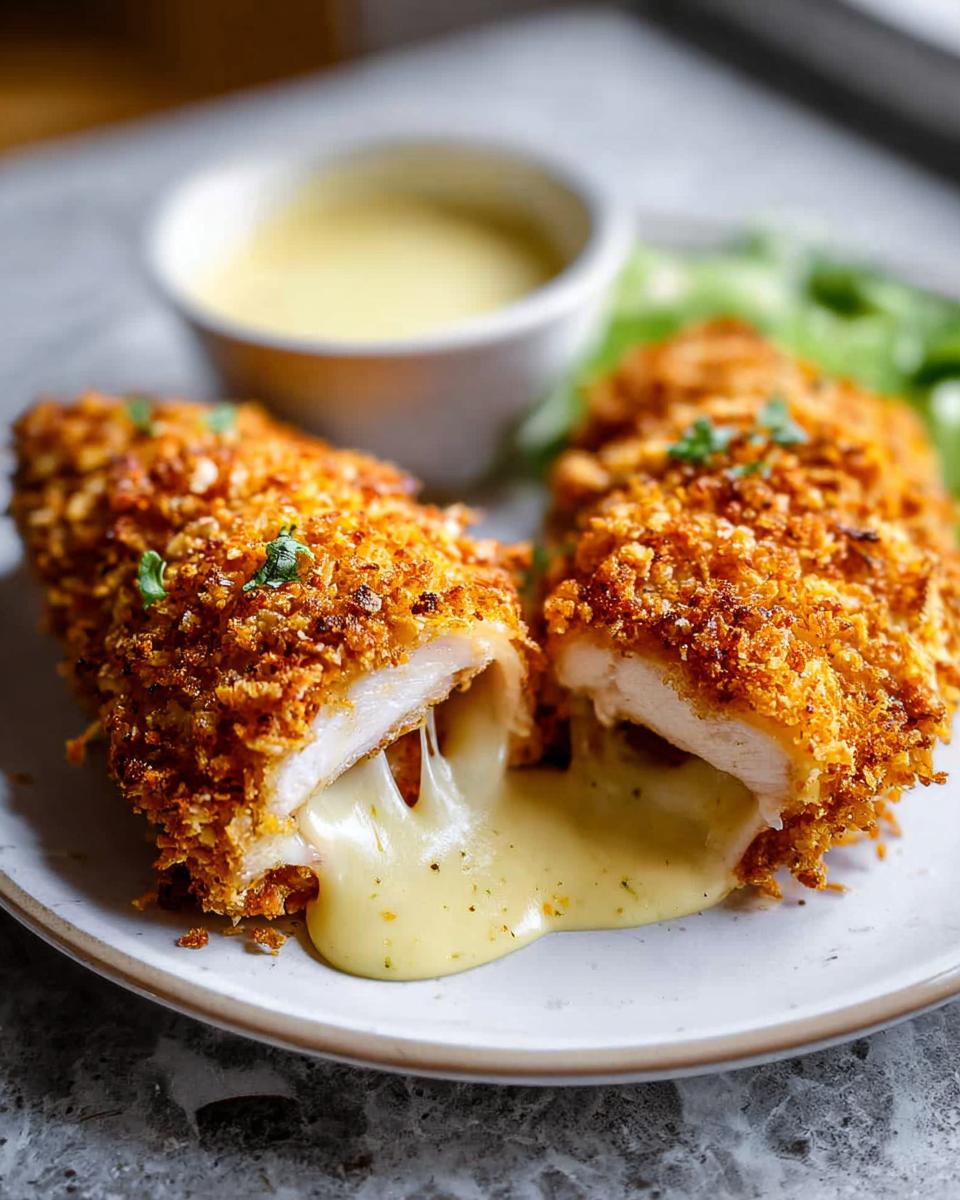 Amazing Chicken Cordon Bleu with 1 Sauce 5 Close-up of Chicken Cordon Bleu with Creamy Mustard Sauce, showing melted cheese oozing out.