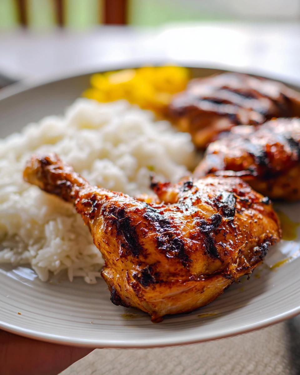Amazing Chicken Inasal: 1 Secret Ingredient 4 Close-up of a grilled Chicken Inasal leg quarter served with white rice and a side of pickled papaya.
