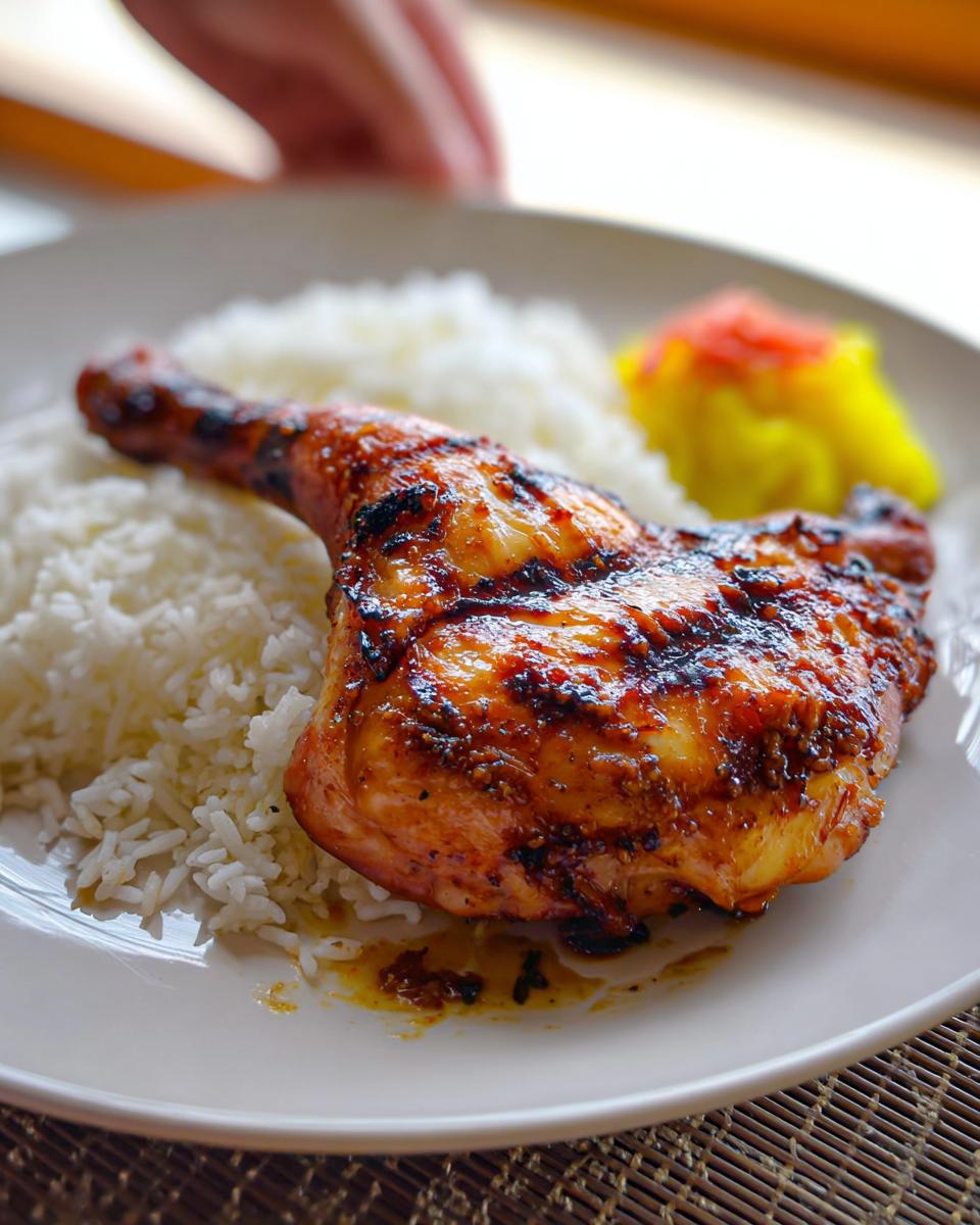Amazing Chicken Inasal: 1 Secret Ingredient 5 A succulent piece of Chicken Inasal with Citrus Lemongrass Marinade served with white rice and a side of pickled vegetables.