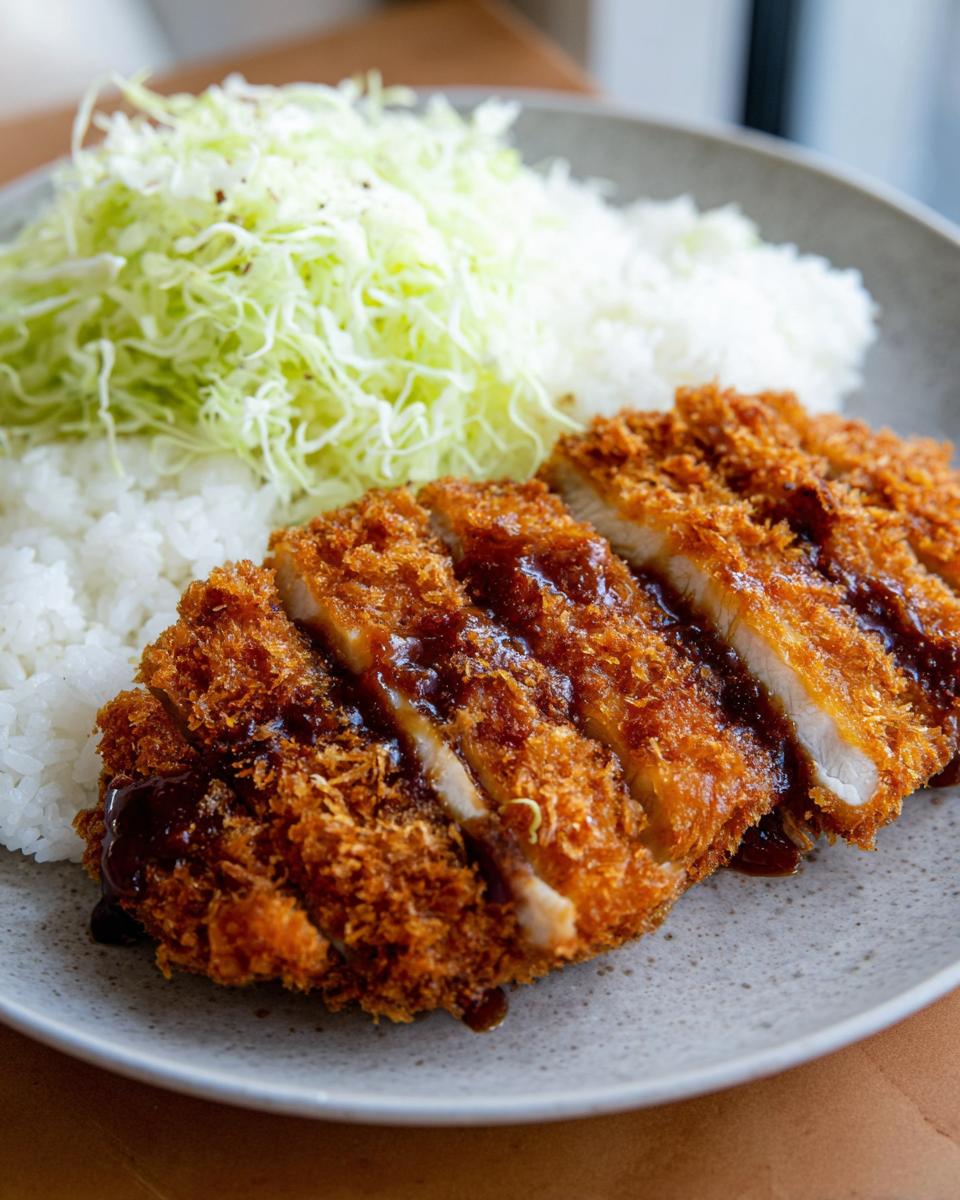 Amazing Chicken Katsu with Homemade Tonkatsu Sauce 4 A plate of Chicken Katsu with Homemade Tonkatsu Sauce, served with rice and shredded cabbage.