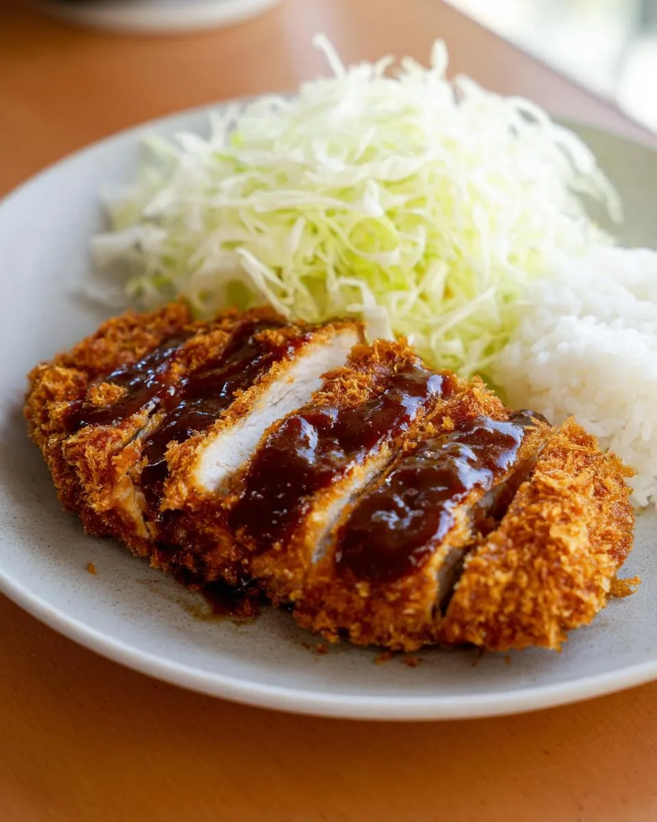 Amazing Chicken Katsu with Homemade Tonkatsu Sauce 5 A plate of delicious Chicken Katsu with Homemade Tonkatsu Sauce, served with shredded cabbage and rice.