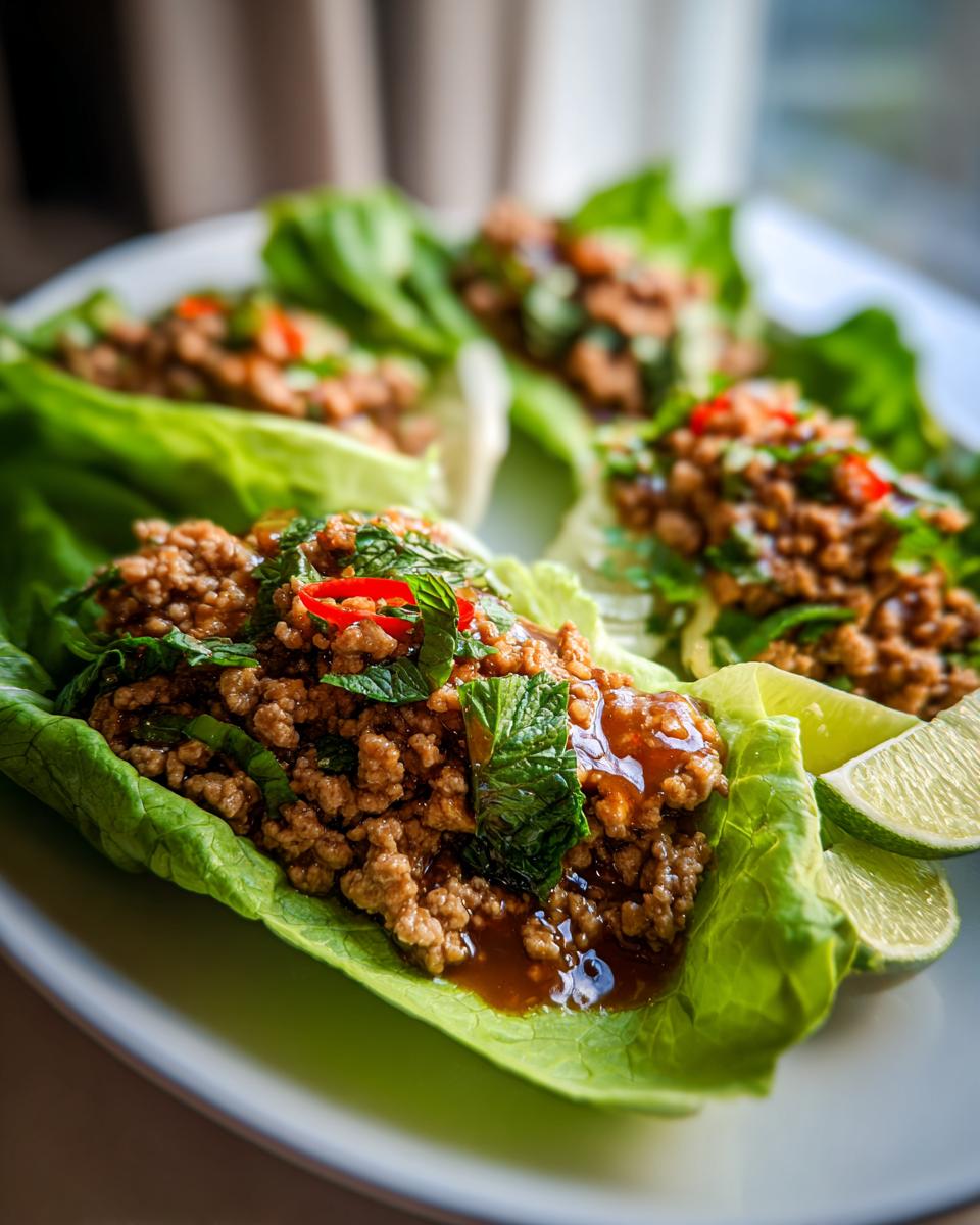 Amazing 25-Min Chicken Larb Lettuce Wraps 5 Close-up of delicious Chicken Larb Lettuce Wraps, garnished with mint, chili, and lime wedges.