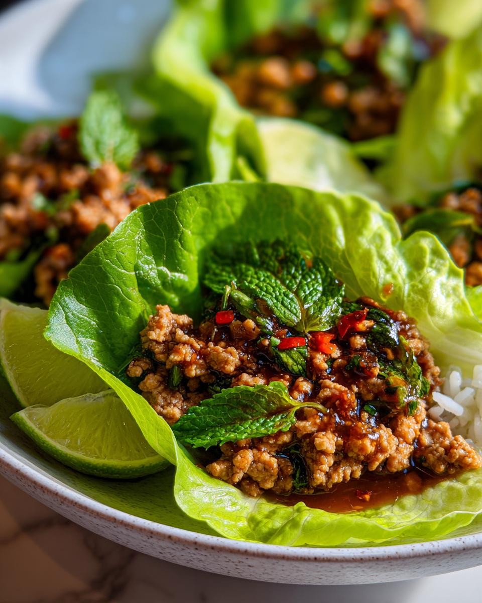 Amazing 25-Min Chicken Larb Lettuce Wraps 4 Close-up of Chicken Larb Lettuce Wraps filled with seasoned ground chicken, fresh mint, chili, and lime wedges.