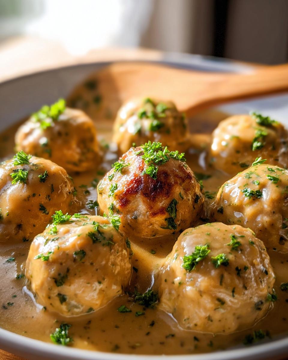 Amazing 24 Chicken Meatballs with Gravy Recipe 5 Close-up of delicious chicken meatballs smothered in creamy gravy and sprinkled with fresh parsley.