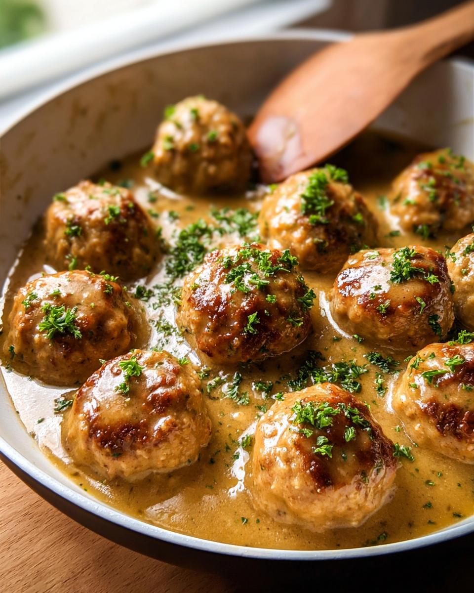 Amazing 24 Chicken Meatballs with Gravy Recipe 4 Close-up of tender chicken meatballs simmering in rich gravy, garnished with fresh parsley.