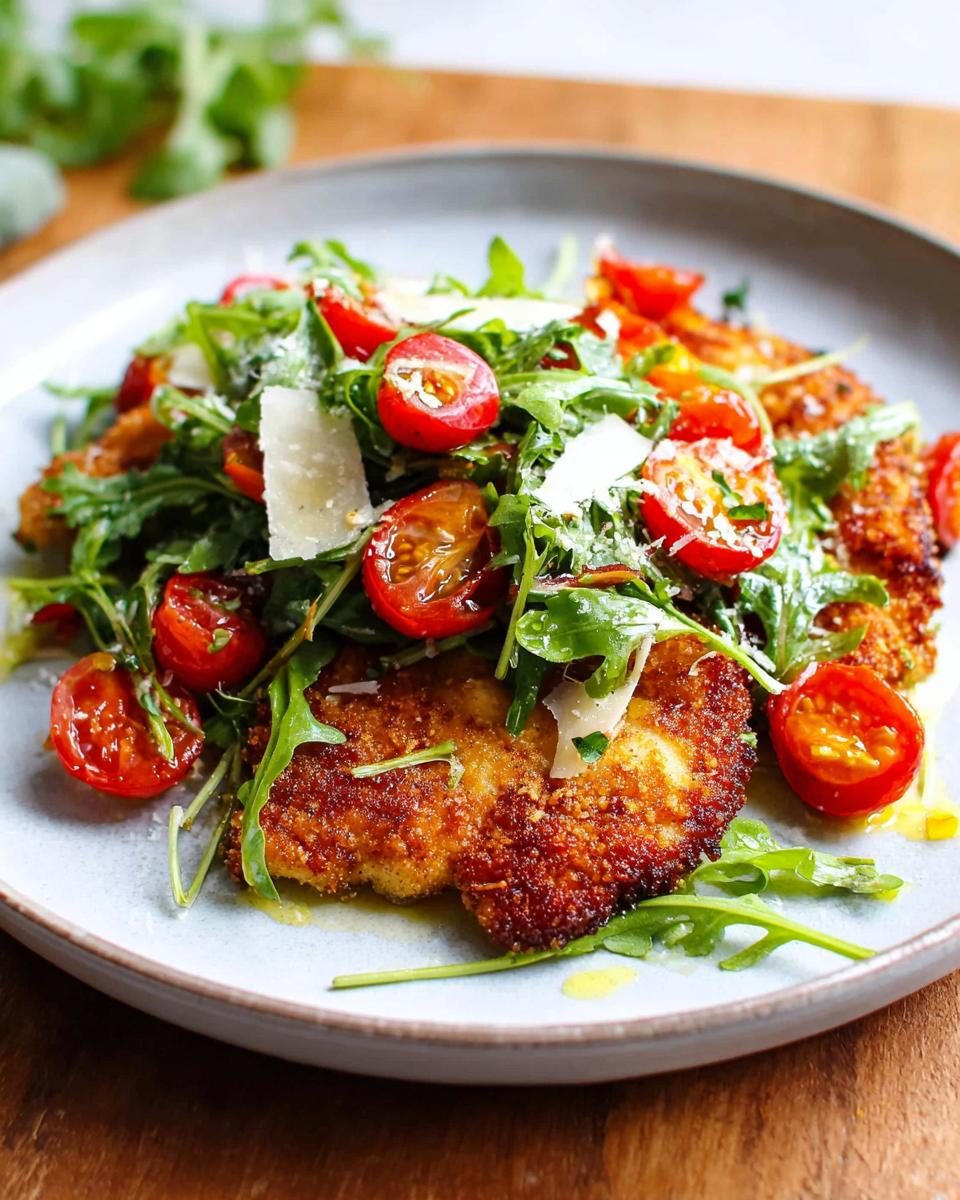 Amazing Chicken Milanese: 1 Hour Meal 4 A plate of golden brown Chicken Milanese topped with a fresh Lemon Arugula Salad and cherry tomatoes.