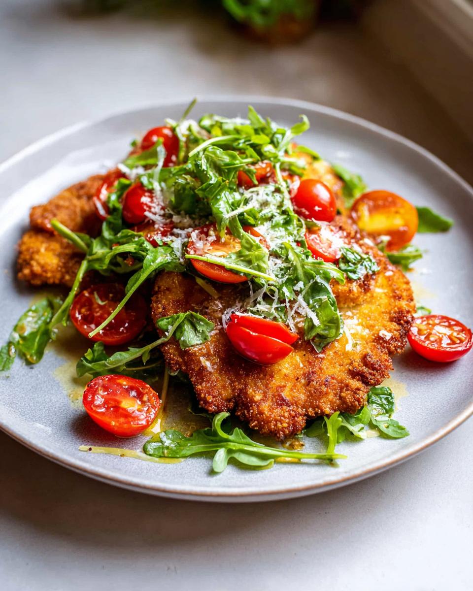 Amazing Chicken Milanese: 1 Hour Meal 5 Golden brown Chicken Milanese served on a bed of fresh arugula and cherry tomatoes, topped with grated Parmesan.