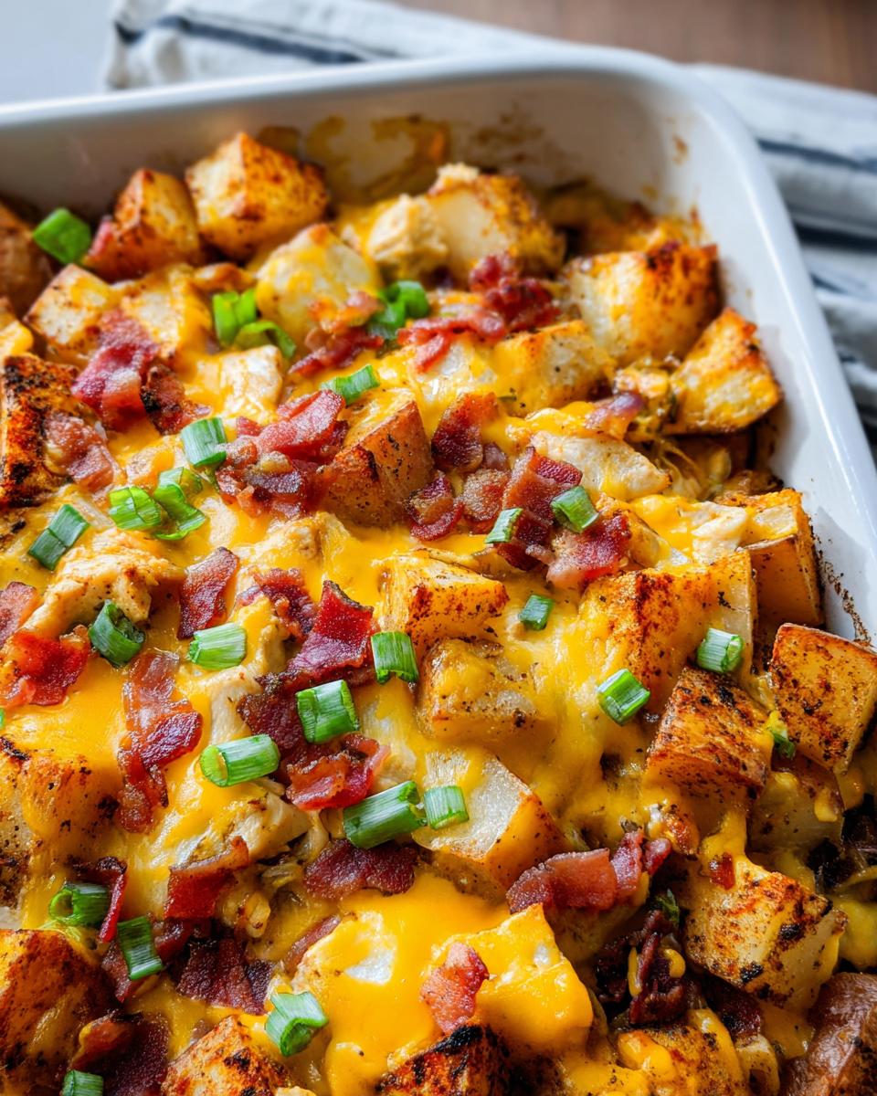 Amazing Chicken Potato Casserole with Cheese 4 Close-up of a baked Chicken Potato Casserole with Cheese, topped with crispy bacon bits and chopped green onions.