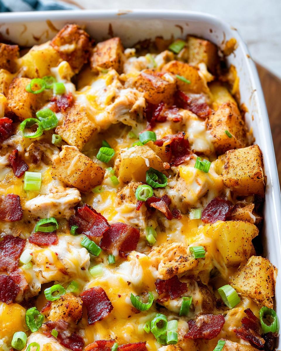 Amazing Chicken Potato Casserole with Cheese 5 Close-up of a baked Chicken Potato Casserole with Cheese, topped with crispy bacon and green onions.