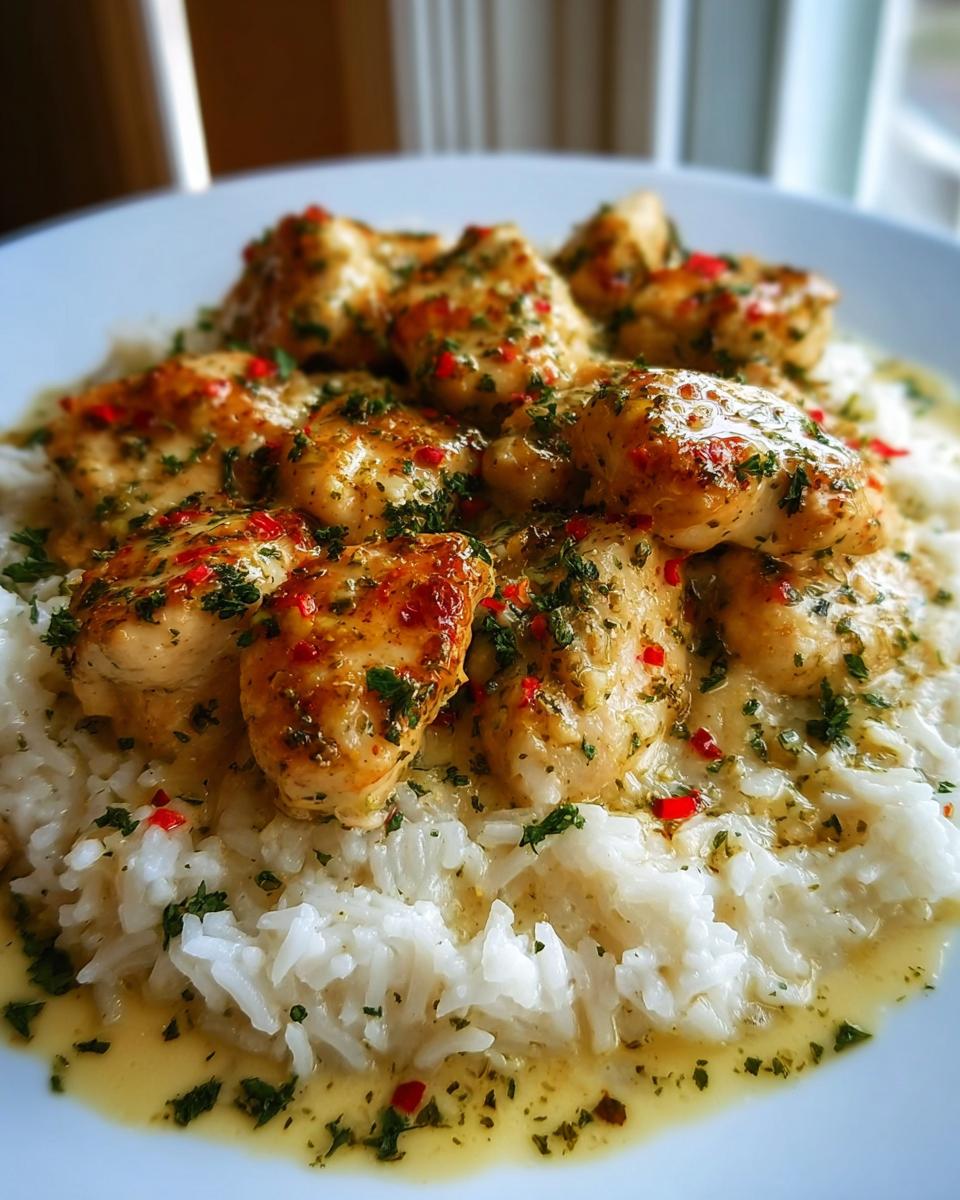 Amazing Chicken Scampi with Creamy Garlic Parmesan Rice 5 A plate of Chicken Scampi served over fluffy white rice, drizzled with a creamy garlic parmesan sauce and garnished with parsley and red pepper flakes.