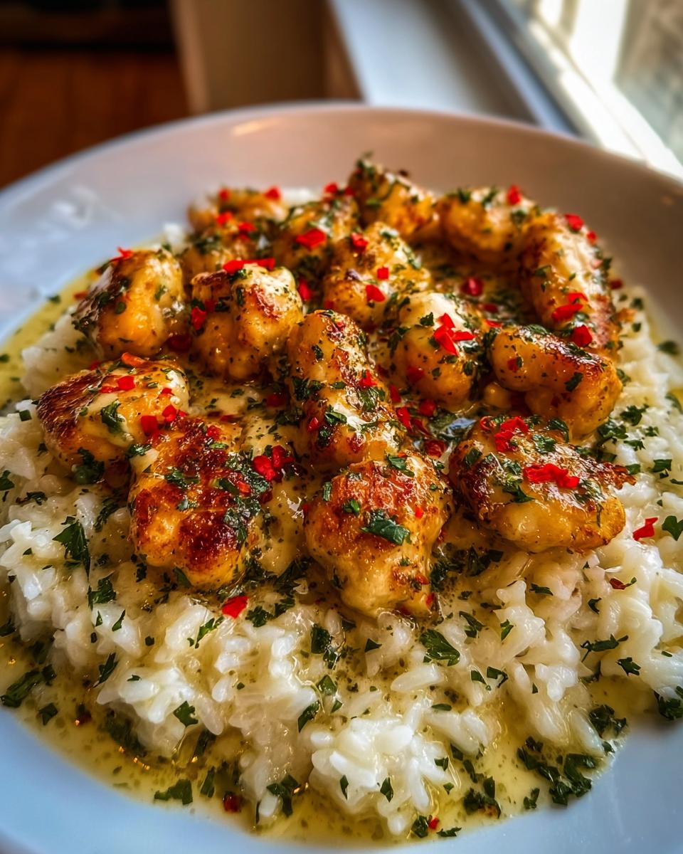Amazing Chicken Scampi with Creamy Garlic Parmesan Rice 4 Close-up of Chicken Scampi with Creamy Garlic Parmesan Rice, topped with chopped parsley and red pepper flakes.