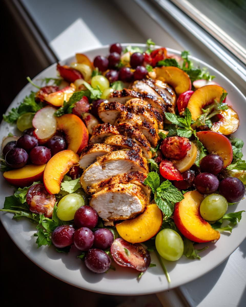Amazing Chicken Stone Fruit Salad Recipe 5 A vibrant Chicken Stone Fruit Salad featuring sliced grilled chicken breast, fresh peaches, red and green grapes, and mint leaves.