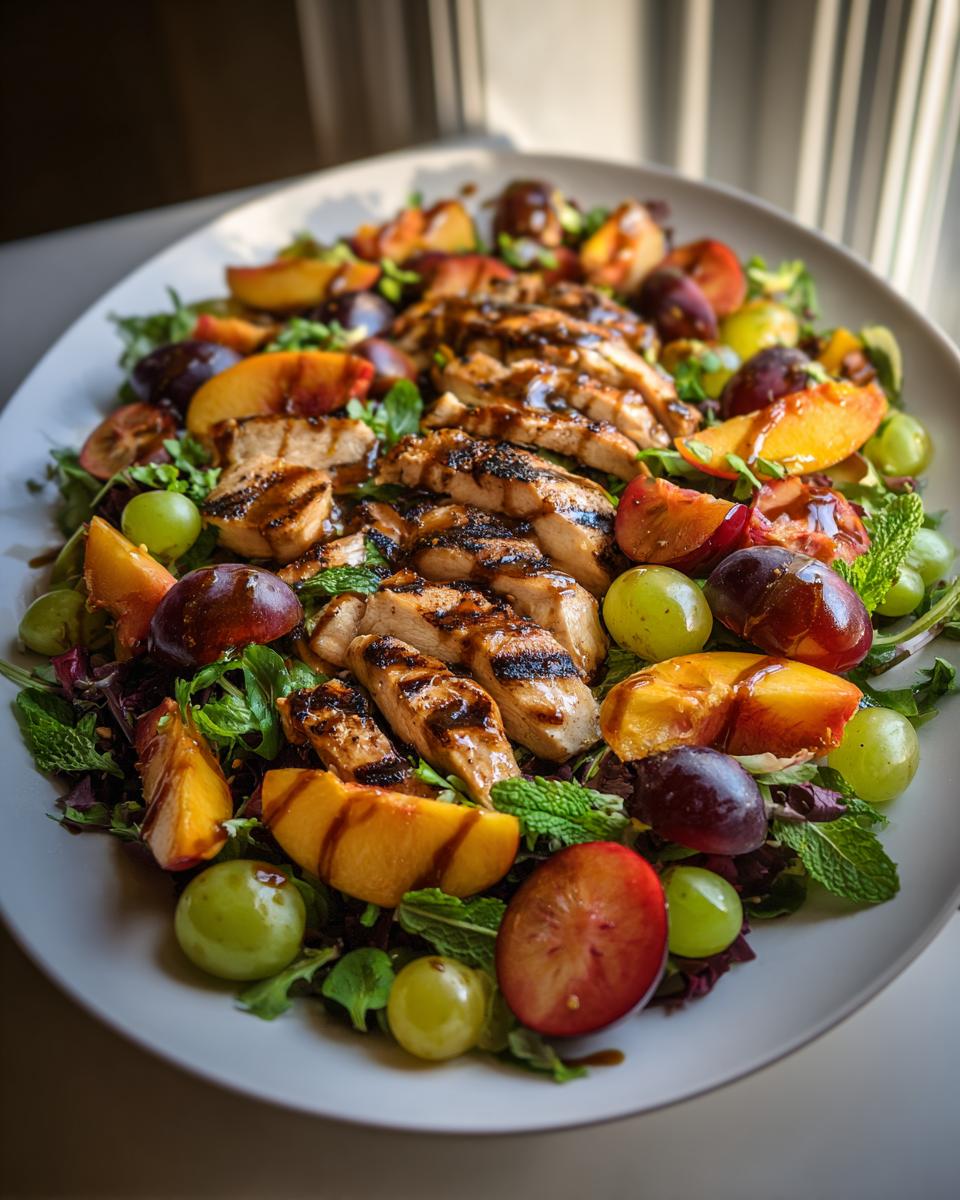 Amazing Chicken Stone Fruit Salad Recipe 4 A vibrant Chicken Stone Fruit Salad featuring grilled chicken slices, peaches, plums, grapes, and mint on a bed of greens.