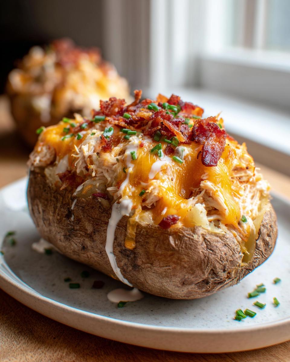 Amazing Chicken Stuffed Baked Potatoes: 10-Minute Joy 5 Close-up of a delicious Chicken Stuffed Baked Potato with Cheddar Ranch Filling, topped with bacon and chives.
