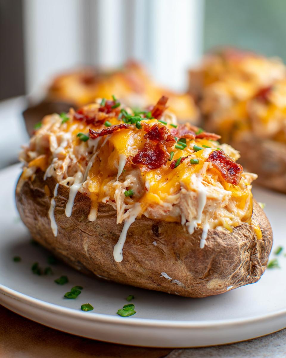Amazing Chicken Stuffed Baked Potatoes: 10-Minute Joy 4 Close-up of a Chicken Stuffed Baked Potato with Cheddar Ranch Filling, topped with melted cheese, bacon, and chives.
