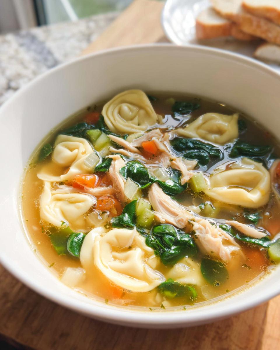 Speedy 30-Min Chicken Tortellini Soup 4 A close-up of a bowl of Chicken Tortellini Soup with Spinach, featuring tortellini, shredded chicken, and vibrant spinach.