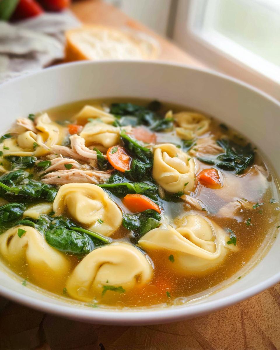 Speedy 30-Min Chicken Tortellini Soup 5 A close-up of a bowl of Chicken Tortellini Soup with Spinach, featuring tortellini, shredded chicken, carrots, and spinach in broth.