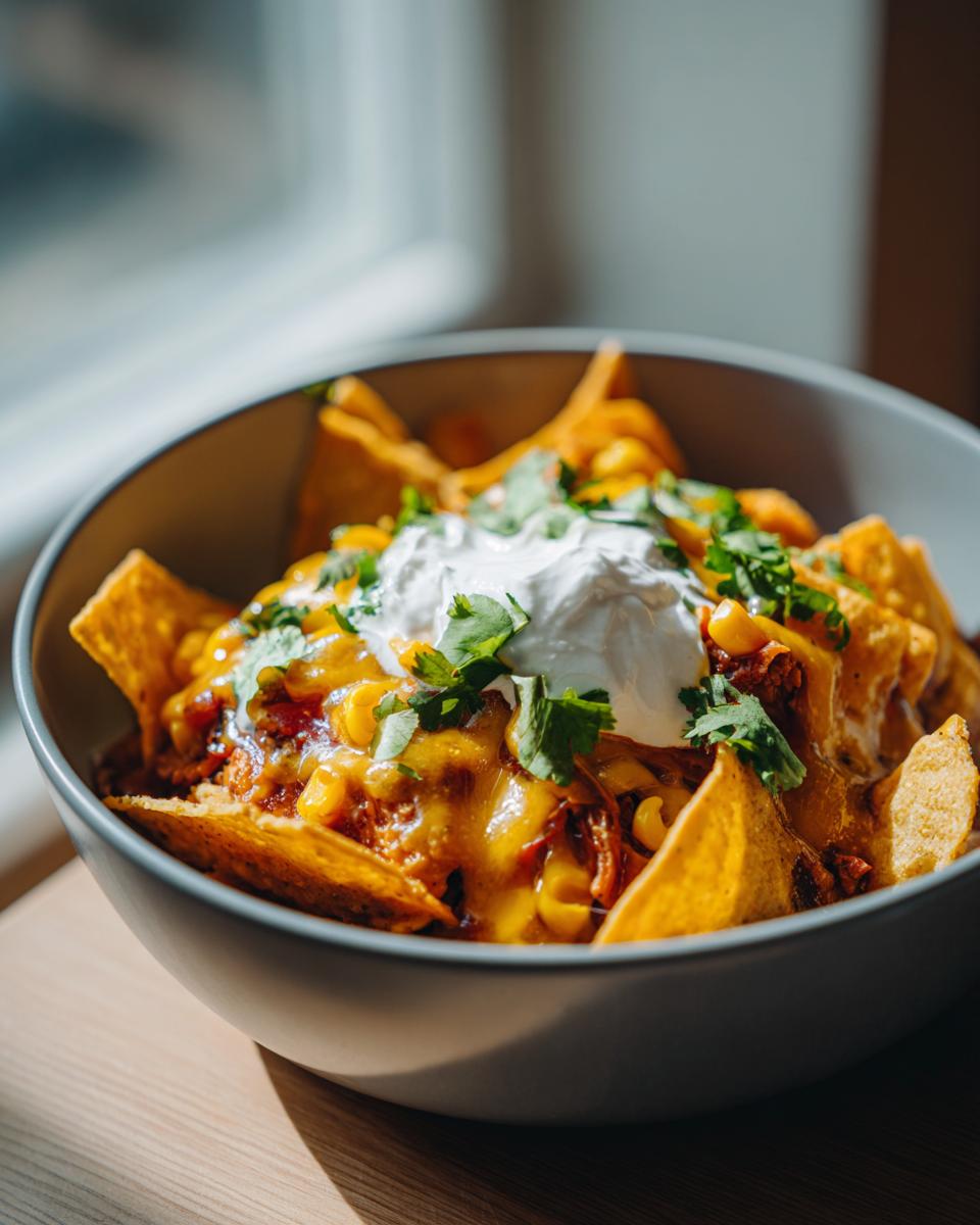 Amazing Chicken Tortilla Soup in 40 Min 5 Close-up of a bowl of toppings for Chicken Tortilla Soup, featuring tortilla chips, melted cheese, corn, and a dollop of sour cream.