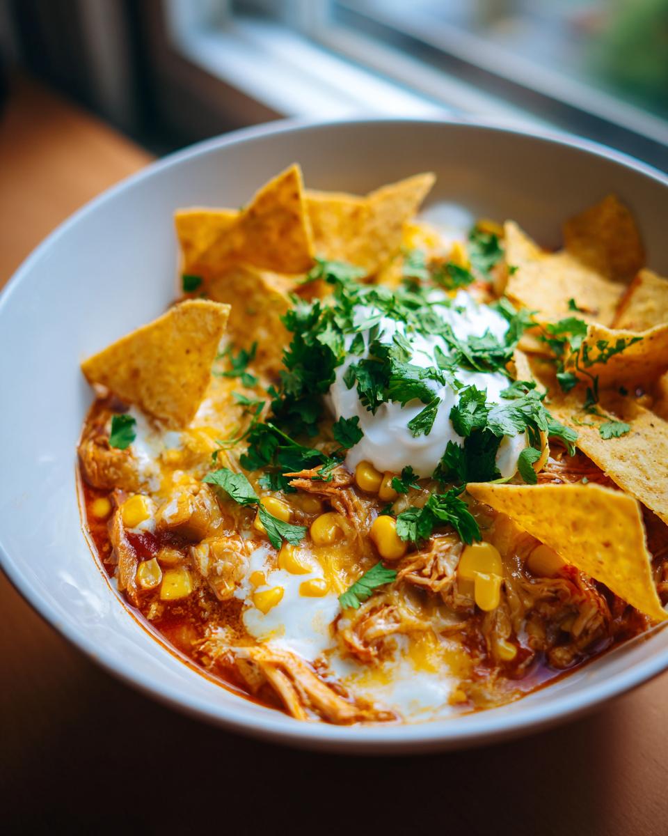 Amazing Chicken Tortilla Soup in 40 Min 4 A close-up of a bowl of Chicken Tortilla Soup, topped with sour cream, cilantro, corn, and tortilla chips.