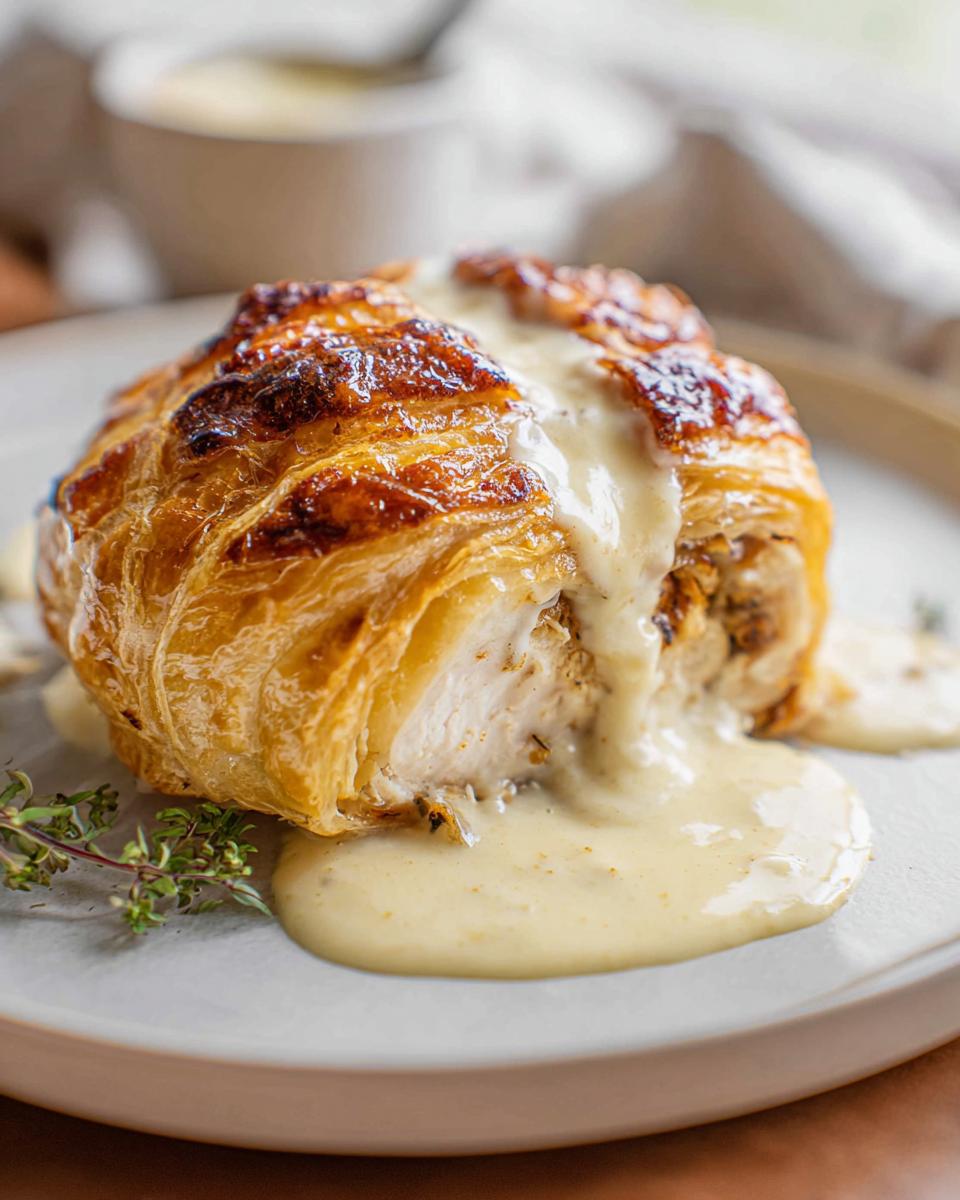 Amazing Chicken Wellington with Creamy Dijon Sauce 4 A perfectly baked Chicken Wellington with crispy golden pastry, sliced to reveal tender chicken and topped with luscious Creamy Dijon Sauce.
