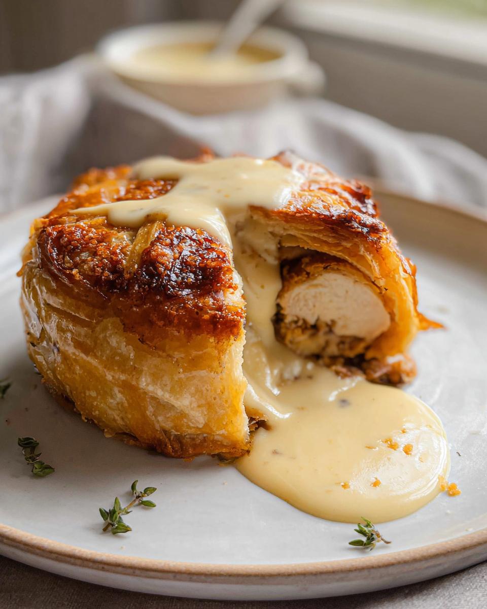 Amazing Chicken Wellington with Creamy Dijon Sauce 5 A golden-brown Chicken Wellington, cut open to reveal tender chicken, drizzled with creamy Dijon sauce.