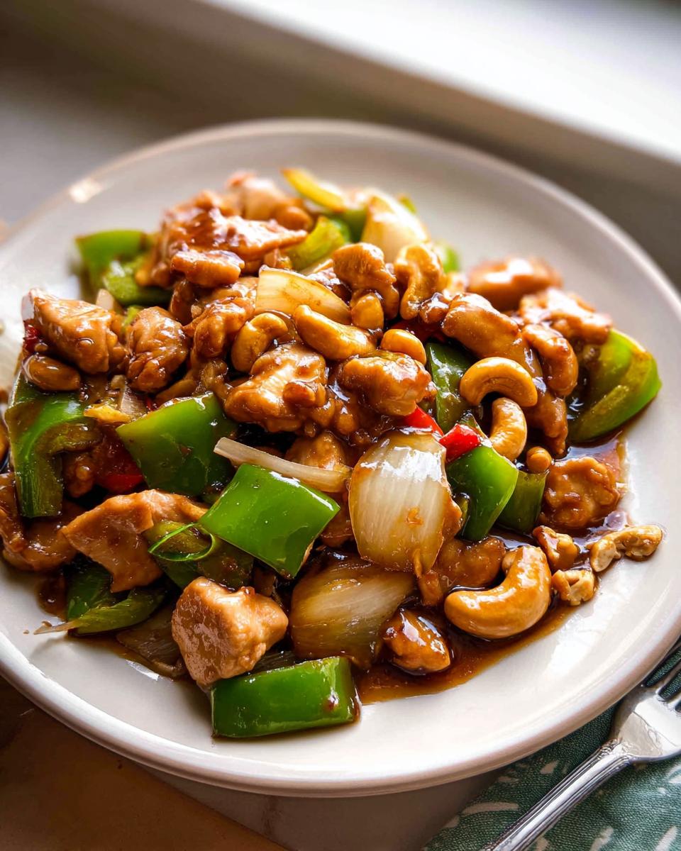 Amazing Chinese Cashew Chicken Better Than Takeout 5 A plate of delicious Chinese Cashew Chicken Better Than Takeout, featuring tender chicken, crunchy cashews, and vibrant green peppers in a savory sauce.