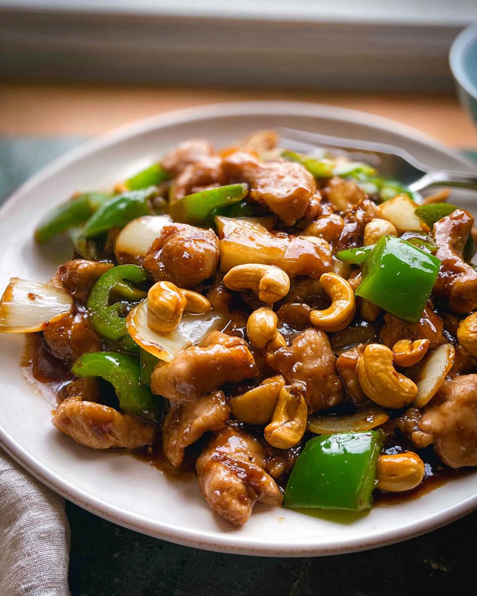 Amazing Chinese Cashew Chicken Better Than Takeout 4 A close-up of Chinese Cashew Chicken Better Than Takeout on a white plate, featuring tender chicken pieces, crunchy cashews, and vibrant green bell peppers.