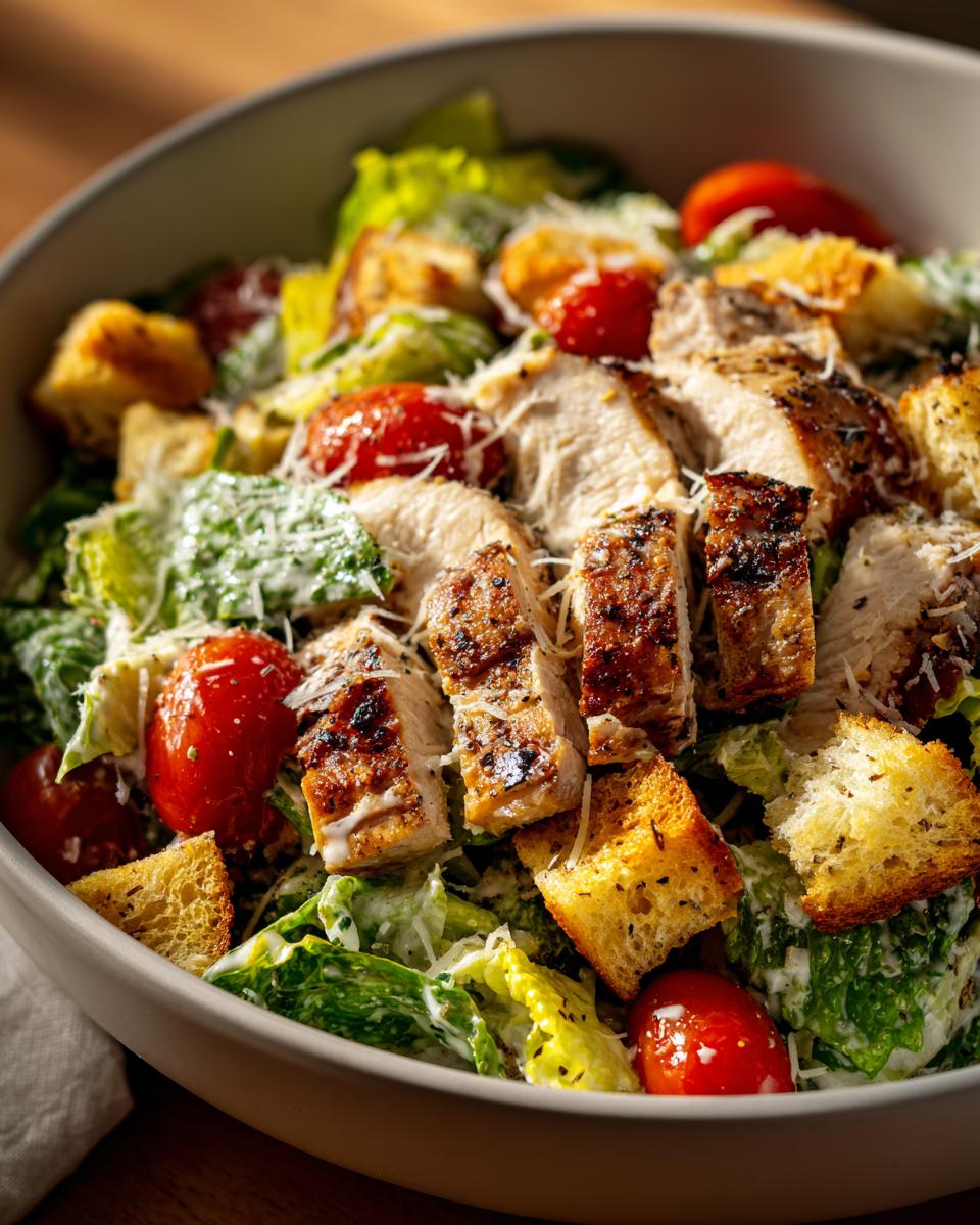 Amazing Chopped Chicken Caesar Salad Recipe 4 A delicious bowl of Chopped Chicken Caesar Salad Recipe with grilled chicken, croutons, cherry tomatoes, and parmesan cheese.