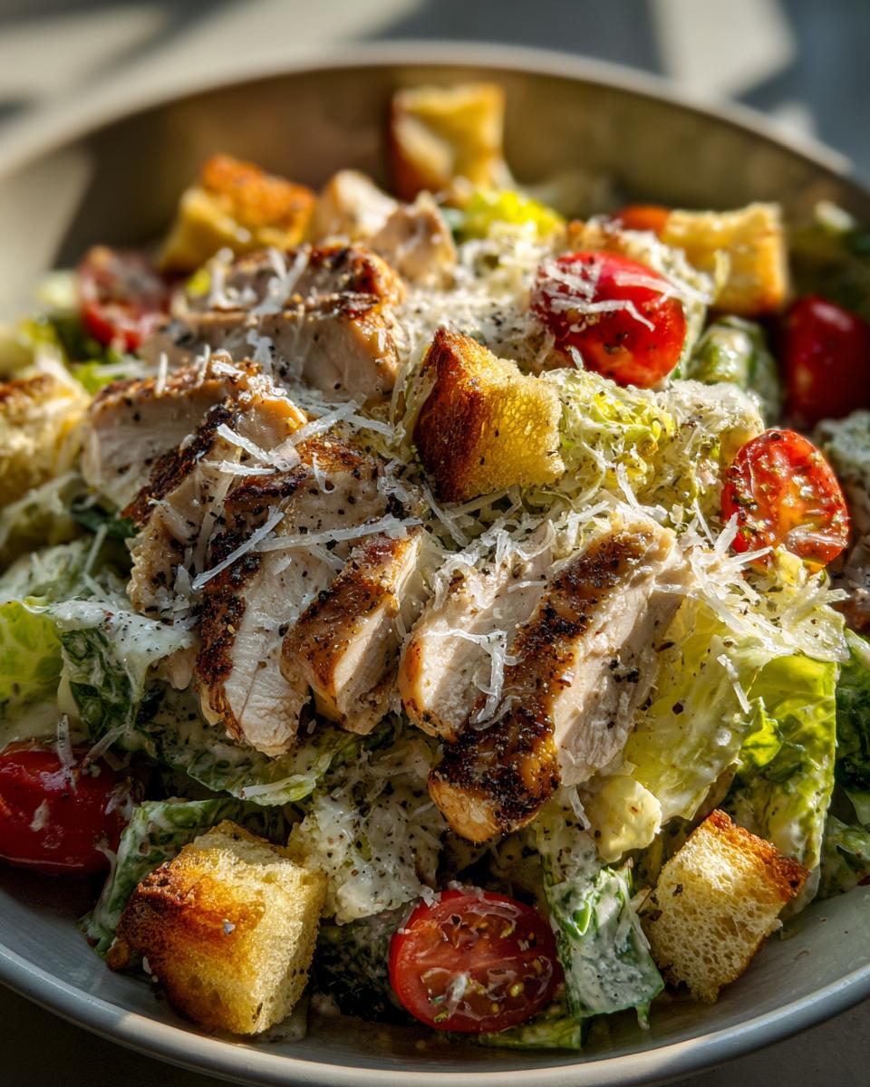 Amazing Chopped Chicken Caesar Salad Recipe 5 A close-up of a delicious Chopped Chicken Caesar Salad, featuring grilled chicken, cherry tomatoes, croutons, and shaved Parmesan cheese.