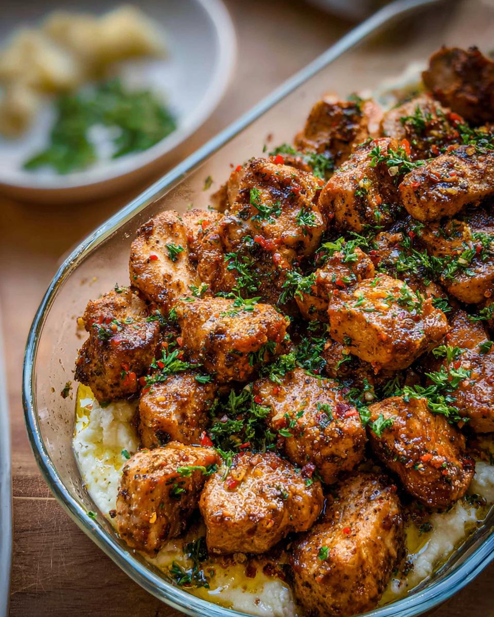Amazing Cowboy Chicken Bites Recipe in 30 Mins 4 Close-up of a glass dish filled with savory Cowboy Chicken Bites, seasoned and garnished with fresh herbs.