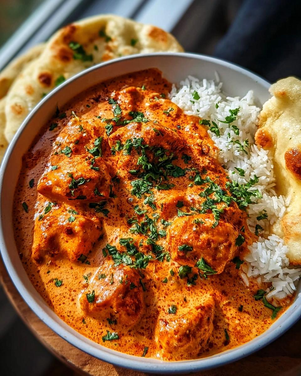 Amazing Creamy Butter Chicken Recipe in 30 Min 4 A bowl of delicious Creamy Butter Chicken Recipe served with fluffy white rice and warm naan bread, garnished with fresh cilantro.