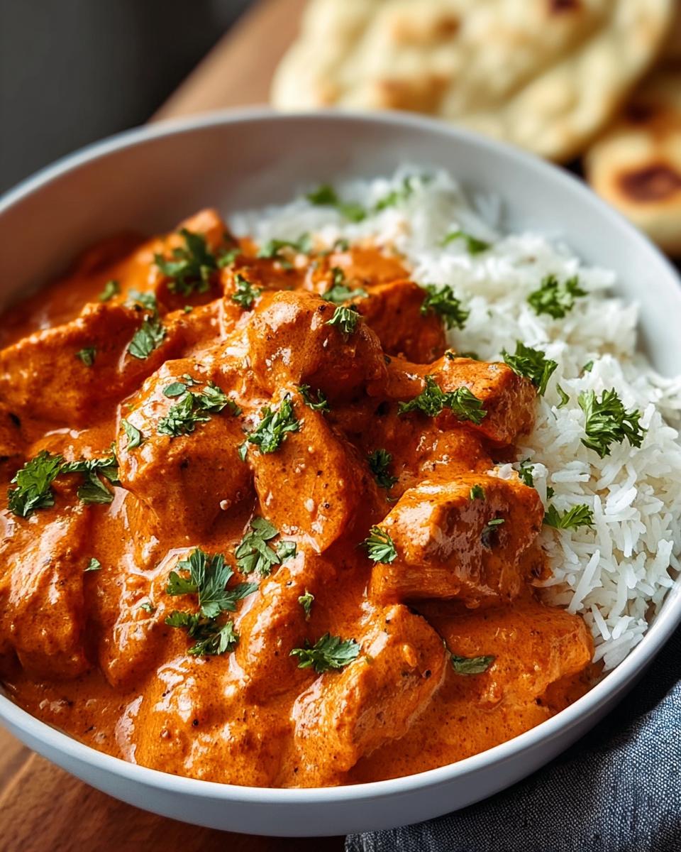 Amazing Creamy Butter Chicken Recipe in 30 Min 5 A bowl of creamy butter chicken served with fluffy white rice and garnished with fresh parsley.