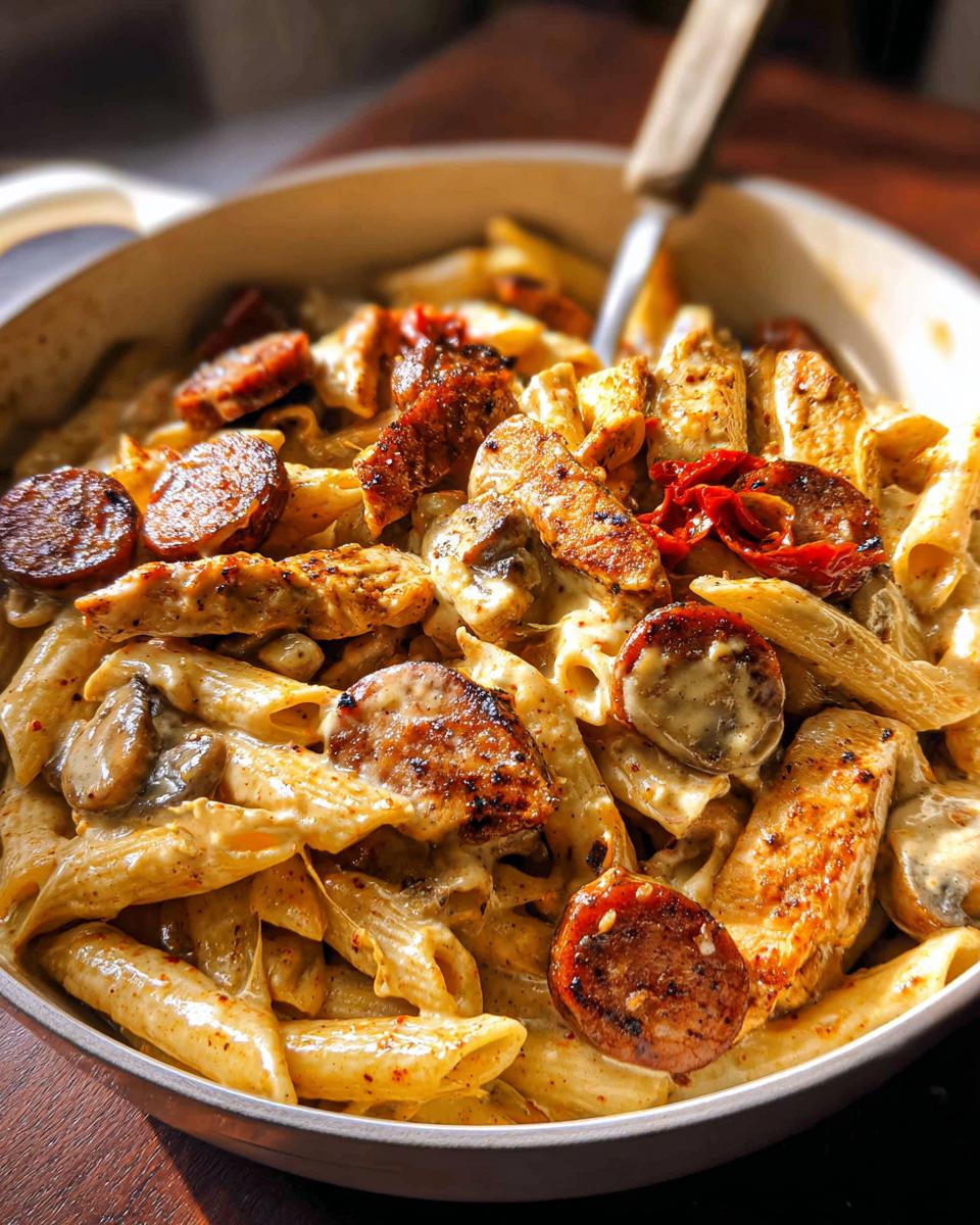 Amazing 30-Min Creamy Cajun Chicken Pasta 5 Close-up of Creamy Cajun Chicken Pasta with Sausage, featuring penne pasta, sliced sausage, chicken strips, and mushrooms in a rich sauce.