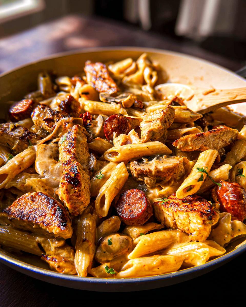 Amazing 30-Min Creamy Cajun Chicken Pasta 4 Close-up of Creamy Cajun Chicken Pasta with Sausage in a pan, featuring penne pasta, grilled chicken pieces, and sliced sausage.