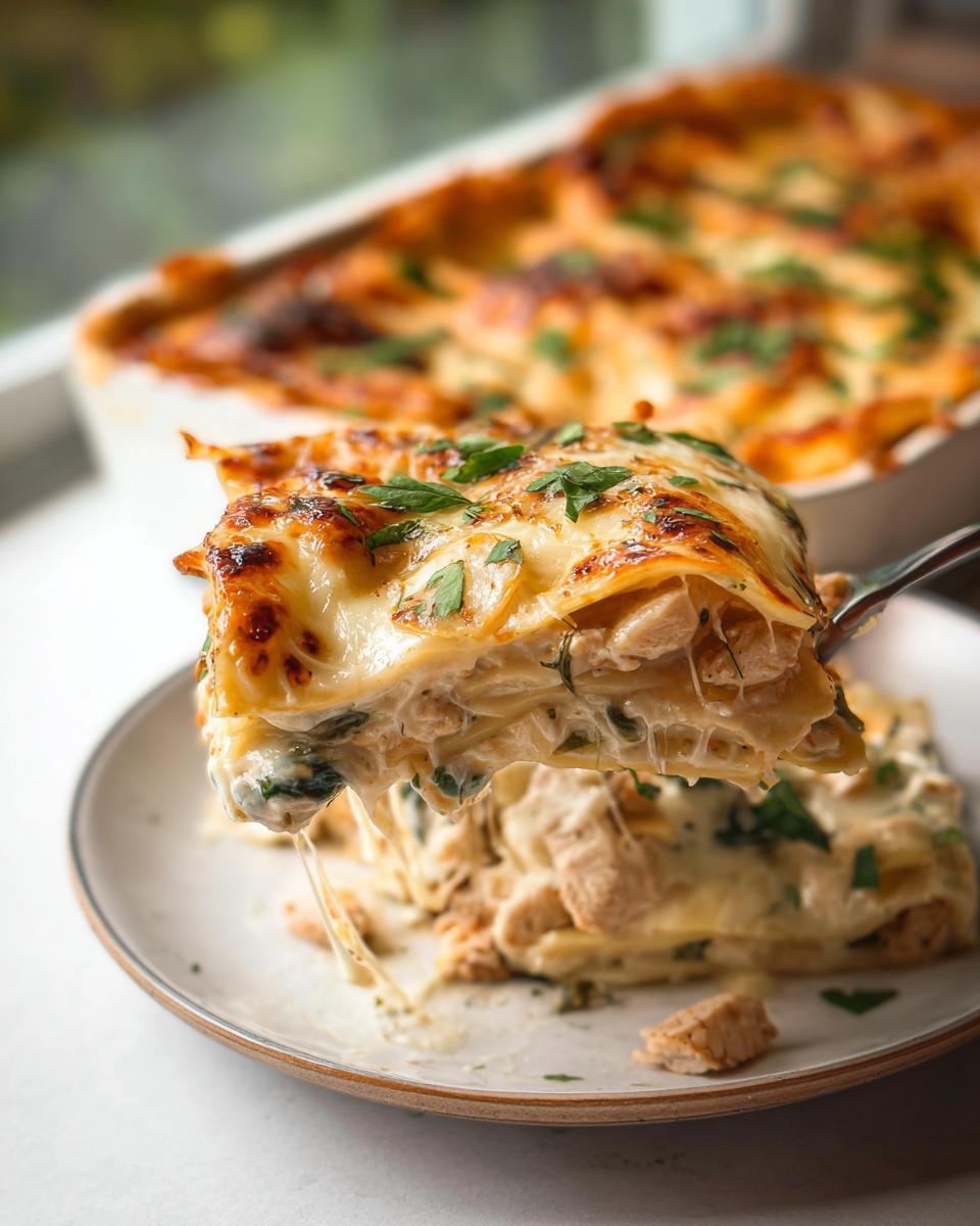 Amazing 15-Min Creamy Chicken Alfredo Lasagna 4 A delicious slice of Creamy Chicken Alfredo Lasagna with Spinach, showing layers of pasta, chicken, spinach, and melted cheese.