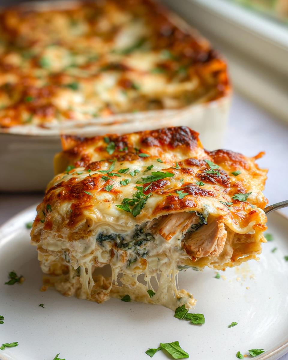 Amazing 15-Min Creamy Chicken Alfredo Lasagna 5 A delicious slice of Creamy Chicken Alfredo Lasagna with Spinach, showing layers of pasta, chicken, spinach, and melted cheese.