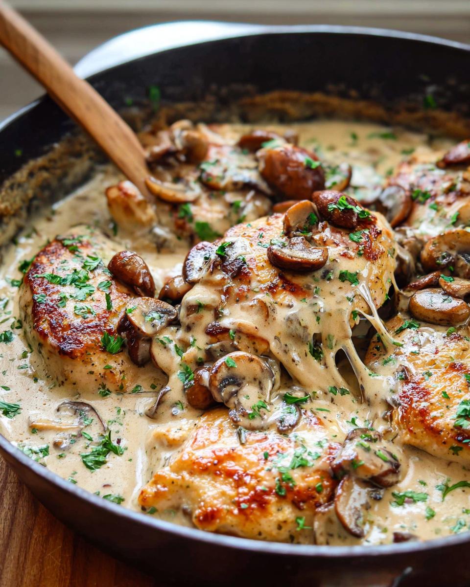 Amazing 30-Min Creamy Chicken Mushroom Skillet Recipe 5 Close-up of tender chicken breasts coated in a rich, creamy mushroom sauce in a skillet, garnished with fresh parsley.