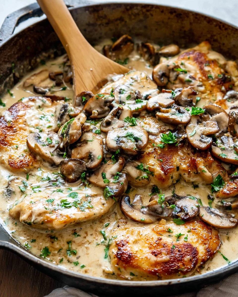 Amazing 30-Min Creamy Chicken Mushroom Skillet Recipe 4 Close-up of a cast-iron skillet filled with a creamy chicken mushroom skillet recipe, garnished with parsley.