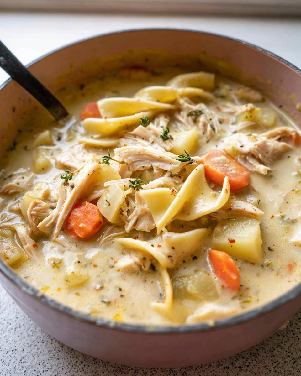 Dreamy Creamy Chicken Noodle Soup: 1 Easy Pot 4 Close-up of a pot filled with creamy chicken noodle soup, featuring shredded chicken, wide noodles, carrots, and potatoes.