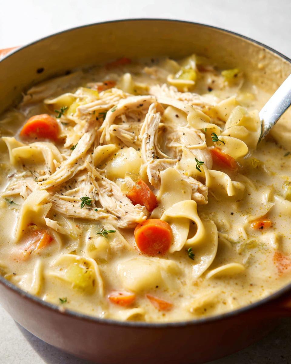 Dreamy Creamy Chicken Noodle Soup: 1 Easy Pot 5 A close-up of a pot filled with Creamy Chicken Noodle Soup with Rotisserie Chicken, featuring noodles, carrots, and herbs.