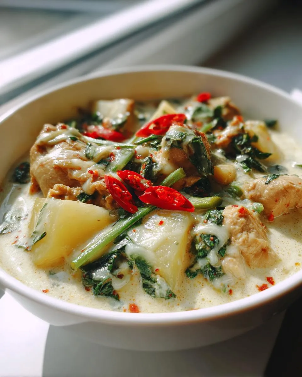 Amazing Creamy Chicken Tinola: Cozy 1-Bowl Meal 4 A close-up of a bowl of Creamy Chicken Tinola, featuring tender chicken, potatoes, leafy greens, and sliced red chilies in a rich broth.