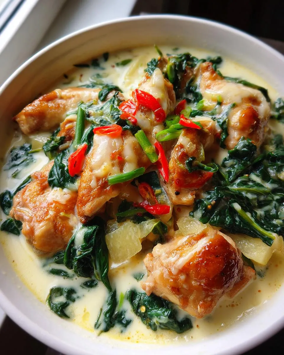 Amazing Creamy Chicken Tinola: Cozy 1-Bowl Meal 5 A close-up bowl of Creamy Chicken Tinola, featuring tender chicken pieces, wilted spinach, and sliced red chilies in a rich, creamy broth.