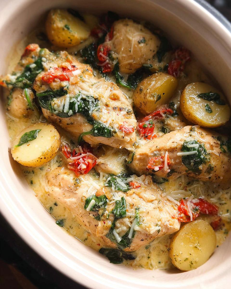 Amazing 1-Pot Creamy Italian Crockpot Chicken 4 Close-up of Creamy Italian Crockpot Chicken and Potatoes in a dish, with tender chicken breasts, baby potatoes, spinach, and sun-dried tomatoes in a rich sauce.