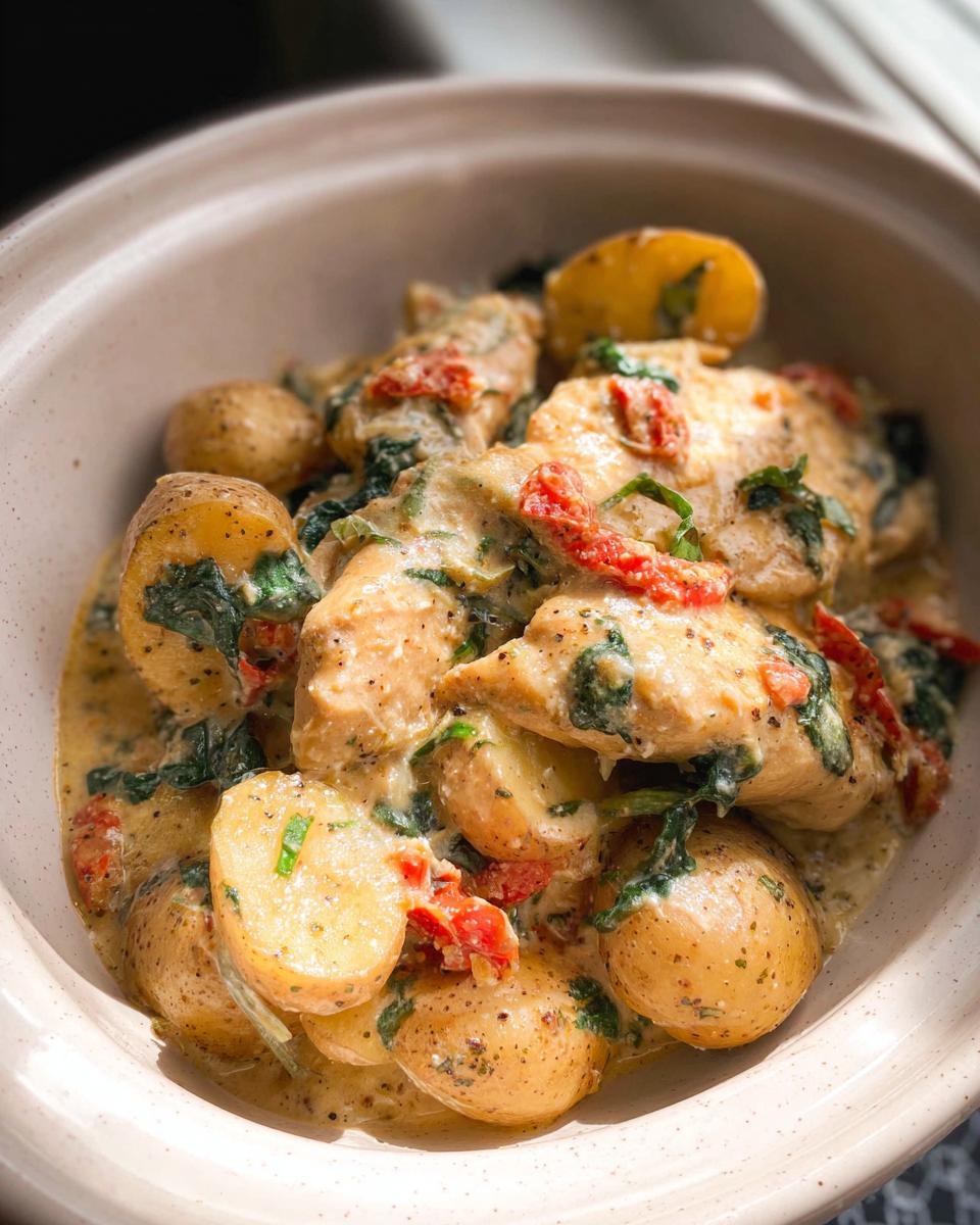 Amazing 1-Pot Creamy Italian Crockpot Chicken 5 A close-up of Creamy Italian Crockpot Chicken and Potatoes served in a bowl, featuring tender chicken, baby potatoes, and spinach in a rich sauce.