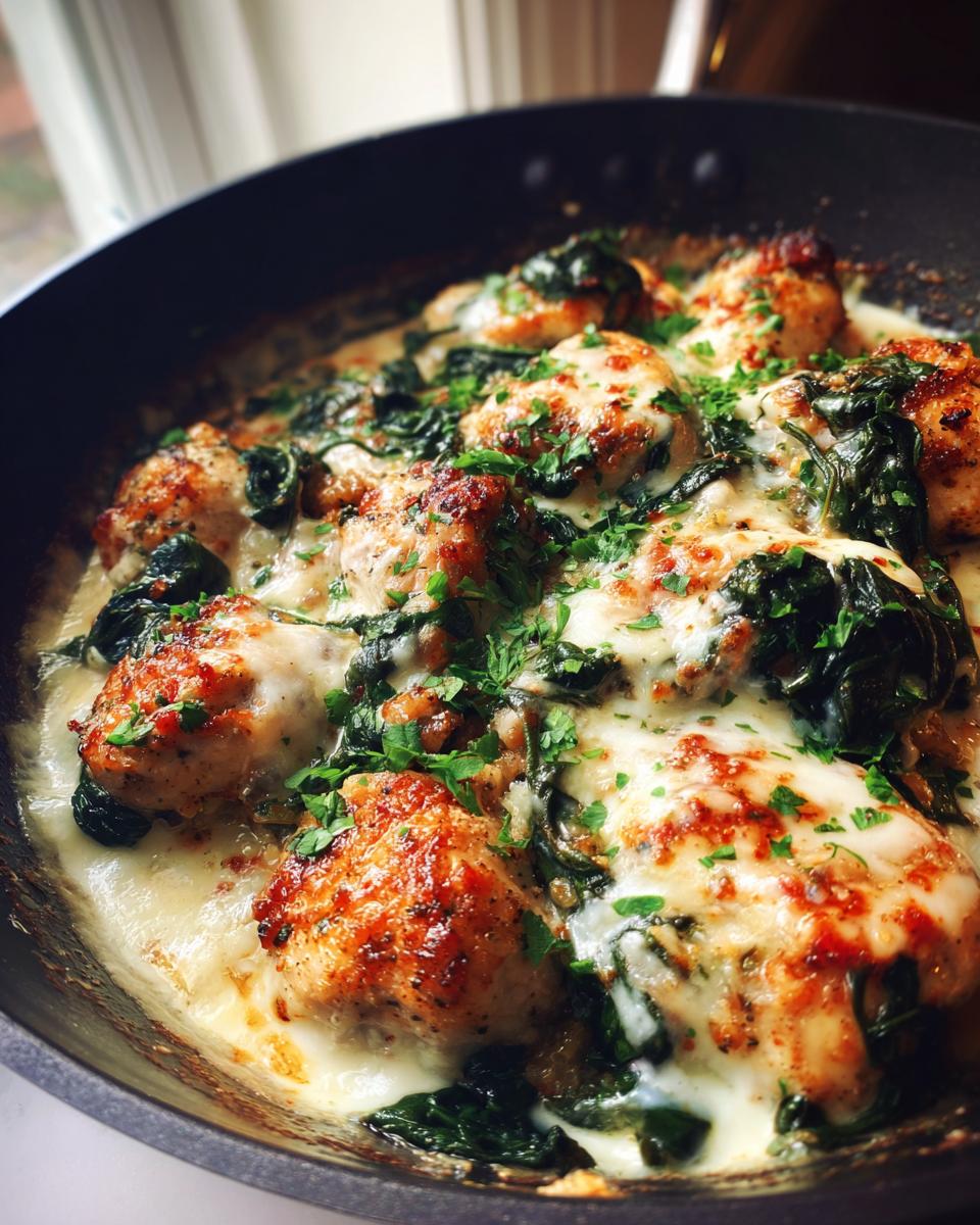Amazing Creamy Keto Chicken Spinach Skillet 4 Close-up of a Creamy Keto Chicken Spinach Skillet, featuring golden-brown chicken pieces nestled in a rich, cheesy sauce with wilted spinach and fresh parsley.