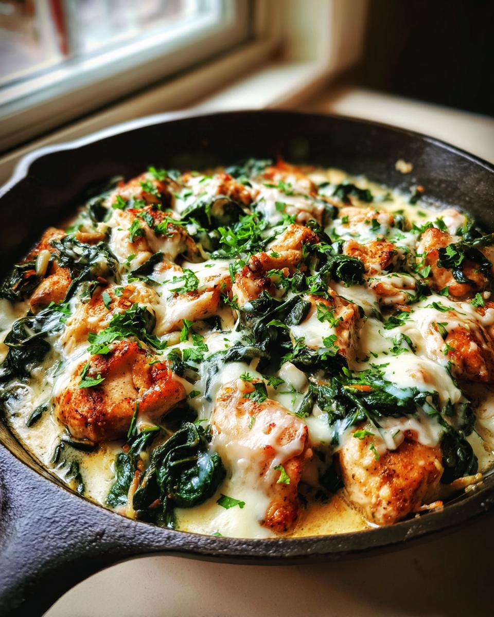 Amazing Creamy Keto Chicken Spinach Skillet 5 Close-up of a Creamy Keto Chicken Spinach Skillet, featuring tender chicken pieces, wilted spinach, and melted cheese, garnished with fresh parsley.